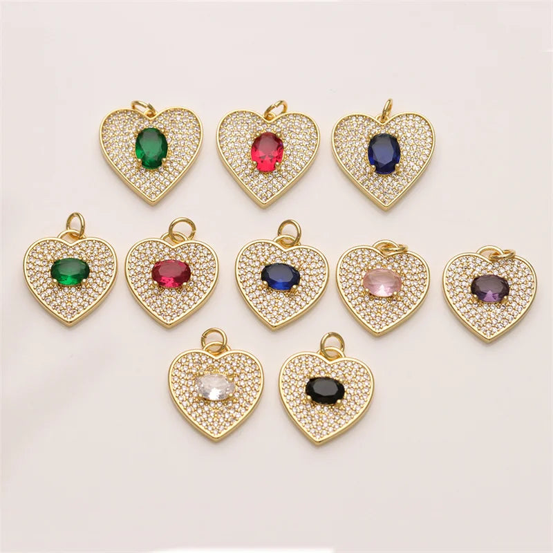 Fashion Micro Pave Full Crystal Heart Pendant Colorful Big Diamond Gold Plated Charm for Jewelry Valentine's Day Gfit