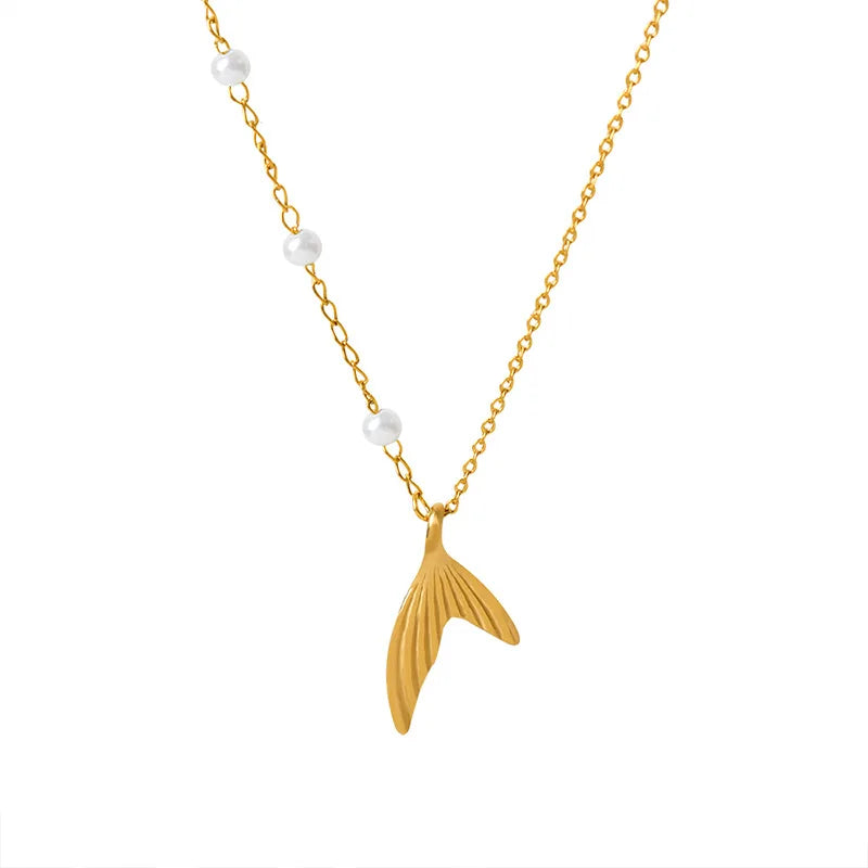 Waterproof Stainless Steel 18K Gold Plated Jewelry French Imitation Pearl Fish Tail Pendant Necklace Non Tarnish