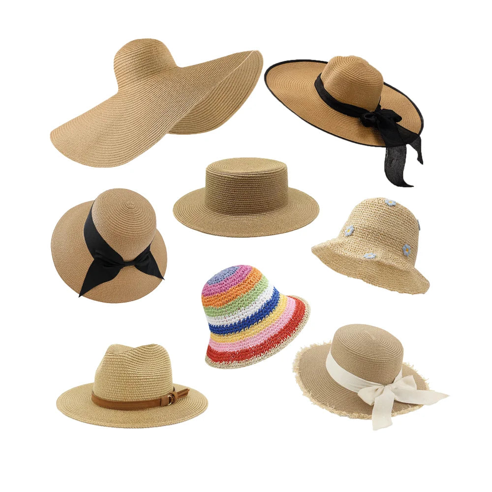Women's Beach Sunshade Outdoor Sweet Straw Hat Ribbon Ladies Papyrus Paper Panama Handmade Holiday Sun Summer Bucket Hats