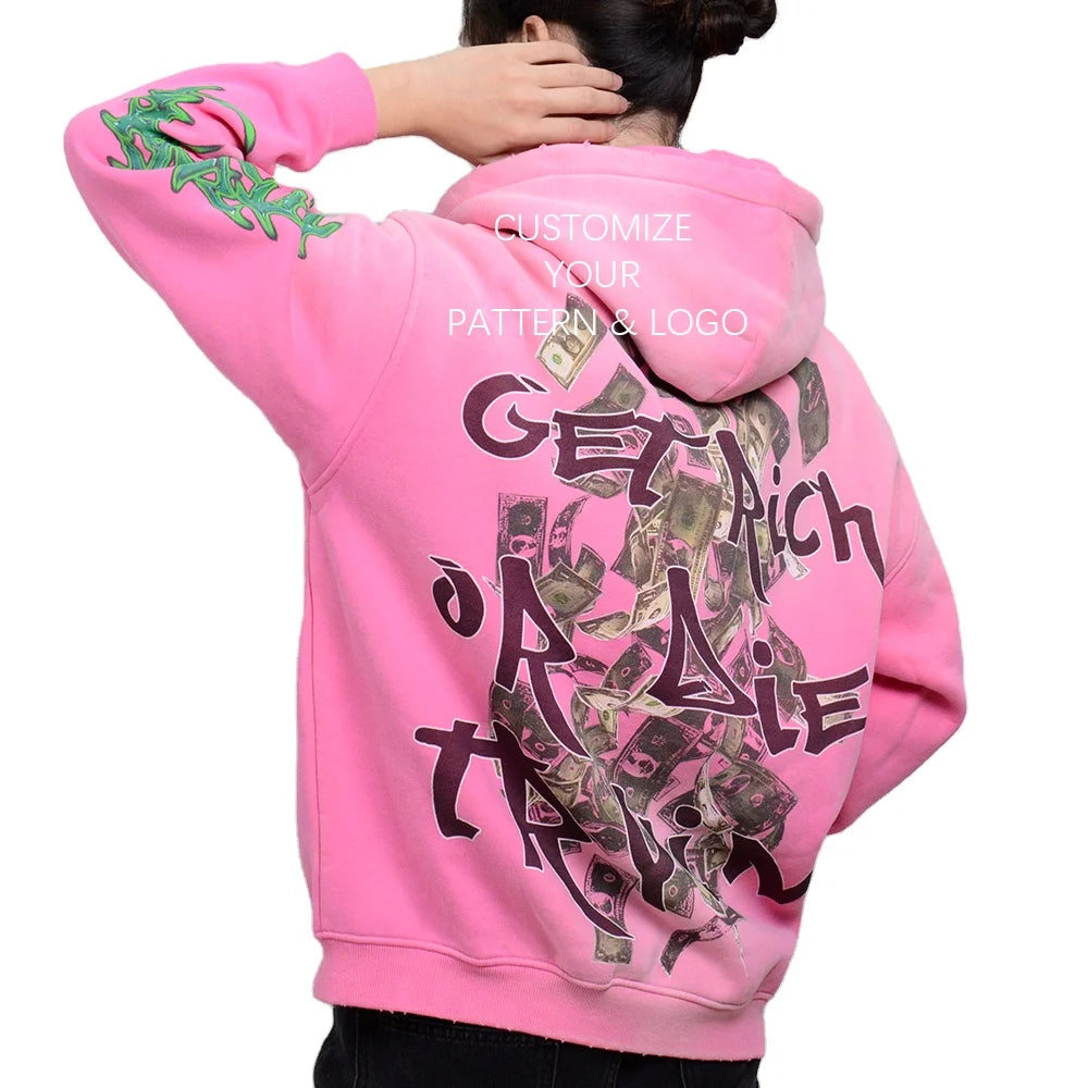 SanDian Streetwear Zip Hoodie Heavy Weight Thick Fabric Cut and Sew Zipper Vintage Embroidery Cropped Raw Hem Hoodies