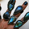 RM42365 Blue Aqua Labradorite Teardrop Ring Yellow Rainbow Labradorite Adjustable Ring Labradorite Witch Fairy Statement Ring