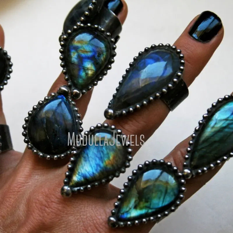 RM42365 Blue Aqua Labradorite Teardrop Ring Yellow Rainbow Labradorite Adjustable Ring Labradorite Witch Fairy Statement Ring