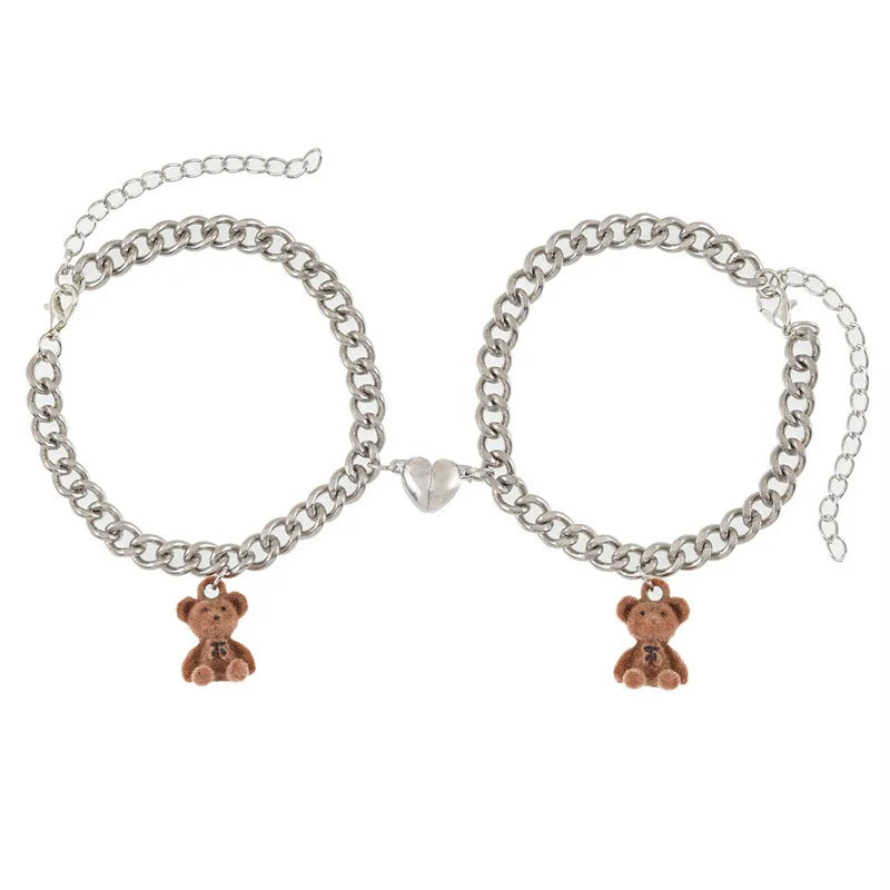 Special a Pair Stainless Steel Flocking Bear Charm Pendant Cuban Link Chain Love Heart Magnetic Buckle Bracelet Couple