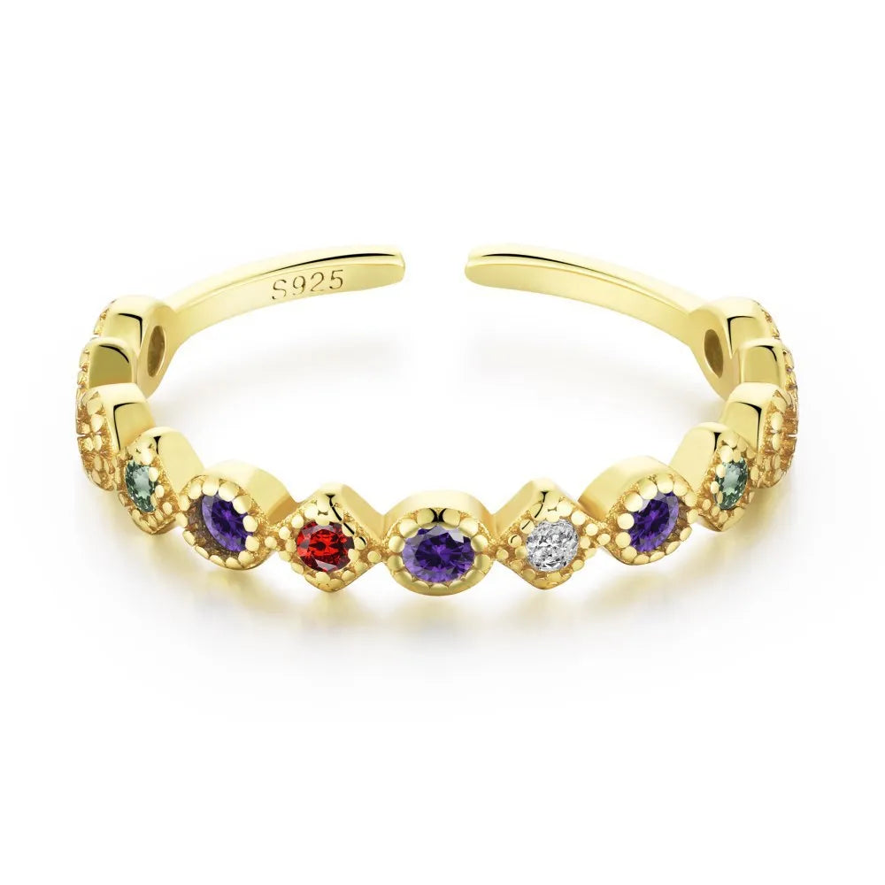 Fashion 18k Gold Plated Colourful Zircon Open Adjustable Finger for Women 925 Sterling Silver Ring