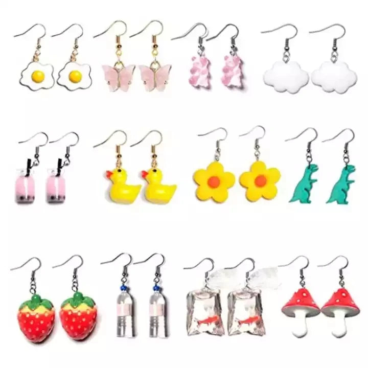 2022 Hot Sale Weird Funny Gummy Bear Earrings Set Dinosaur Mushroom Butterfly Strawberry Resin Pendant Earrings for Women