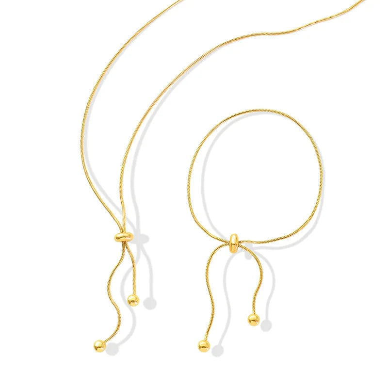 Fashion 18k Gold Plated Stainless Steel Non Tarnish Round Snake Bone Chain Adjustable Necklace Bracelet Jewelry Set for Women