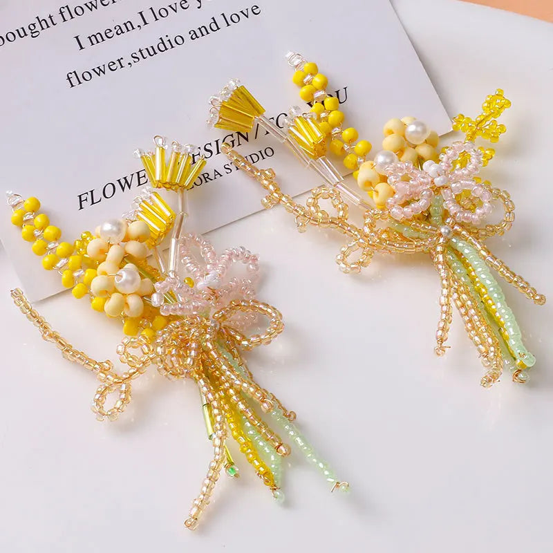 Elegant 85*46mm Colorful Seed Beaded Button Patch Delicate Bow Wheat Flower Tassel Flatback Charm for Jewellery Making Materials