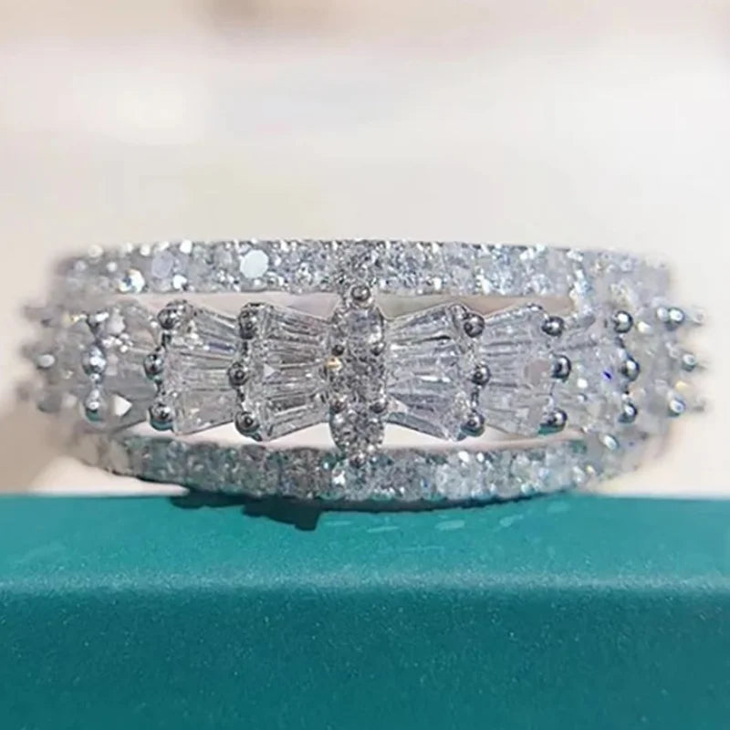 CAOSHI Round Cut Micro Paved 4A Zircon 925 Silver Plated Bridal Wedding Unique Hollow Bow Rings Jewelry Women