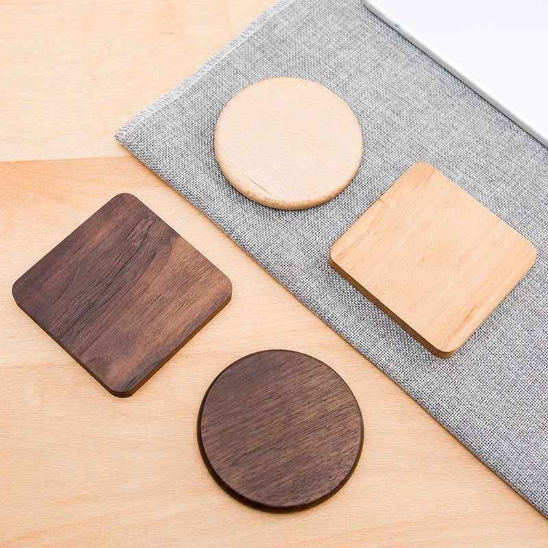Custom Engrave Logo Round Square Natural Rustic Beech Walnut Wooden Coaster for Drinks