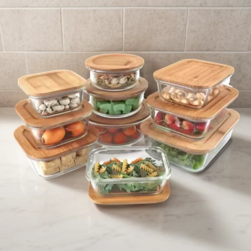 Refrigerator Food Storage Containers Meal Prep High Borosilicate Glass Food Packing Container Airtight Bamboo Lids Lunch Box