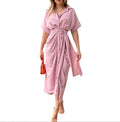 European and American Women's Fashion New Style Lapel Short Sleeved Single Breasted High Waisted Shirt Dress