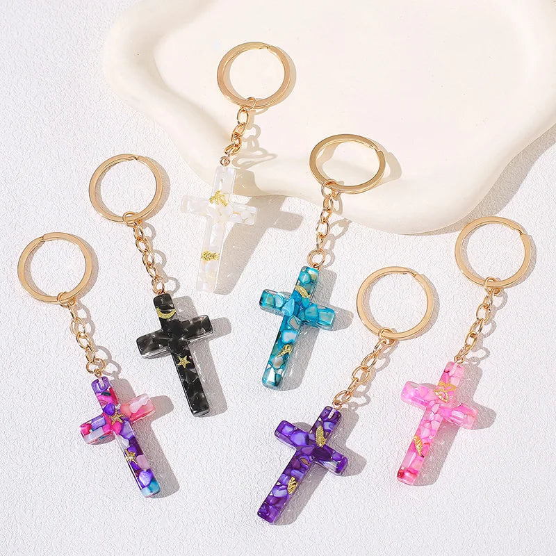 Cross Keychain Charm Gold Glitter Resin Cross Pendant