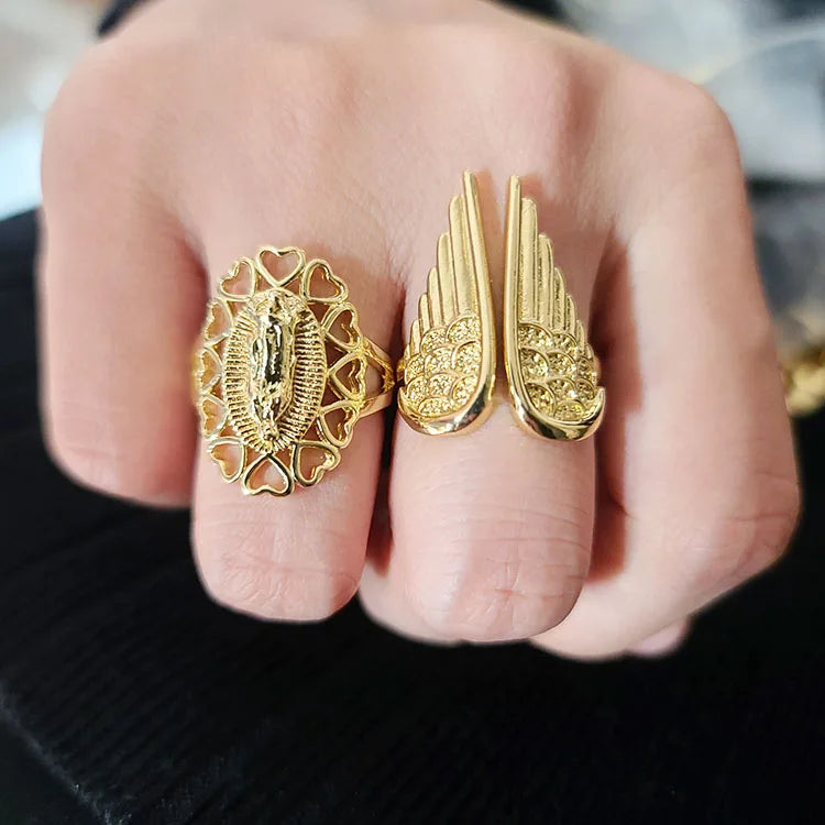 RM1501 Mini 18k Gold Plated Cz Pave RingChunky Melted Thick Bold Hammered RingStylish Wide Gold Filigree Lace Floral Rings
