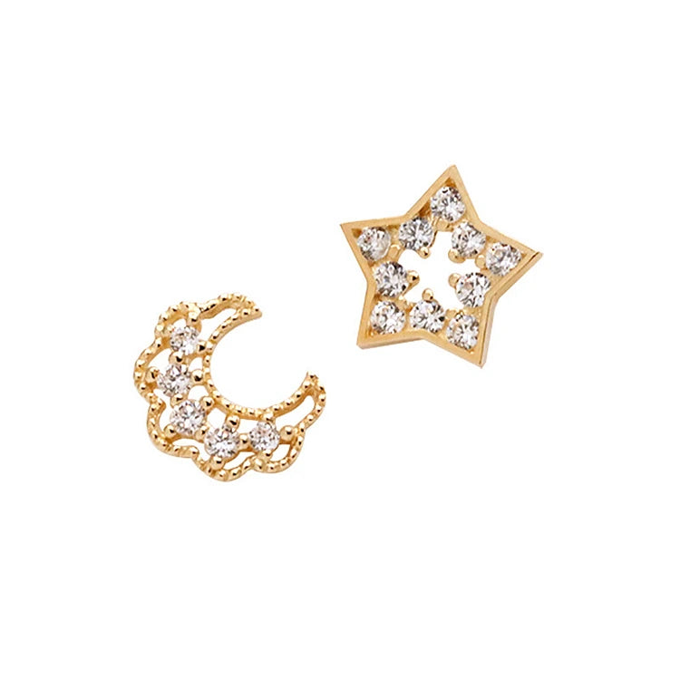 Women Design RTE307 925 Sterling Silver Cz Stud Moon Star Earrings