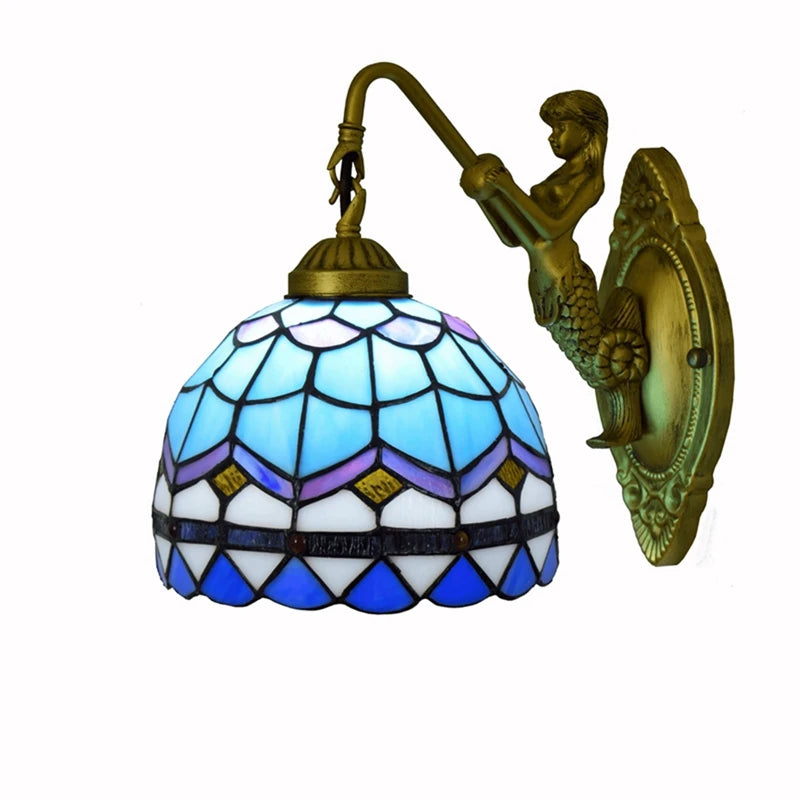 Tiffany Wall Sconces Vintage Handmade Stained Glass Mediterranean Blue Wall Lamp Goddess Base for Bedroom Hallway Living Room MegaBDM