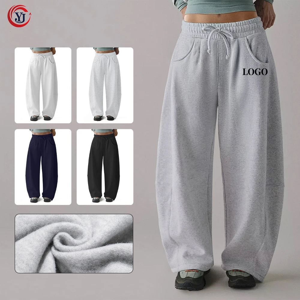 Custom Women's Breathable Eco-Friendly Fleece Lined Sweatpants Barrel Leg Baggy Uncuffed Cotton Pockets Drawstring Closure Low