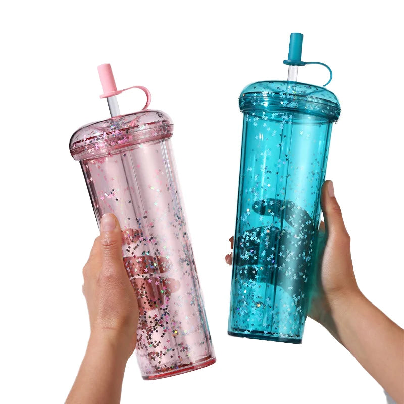 450ML Cute Glitter Shiny Plastic Tumbler with Straw Custom Reusable Double Wall for Girls Kids Direct Drinking Water Flowing MegaBDM