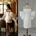 15413# Real Photos Simple Short Sheath Puffy Sleeves Mikado Mini Wedding Dress Pleat Satin Bride Gown Evening Party Dress