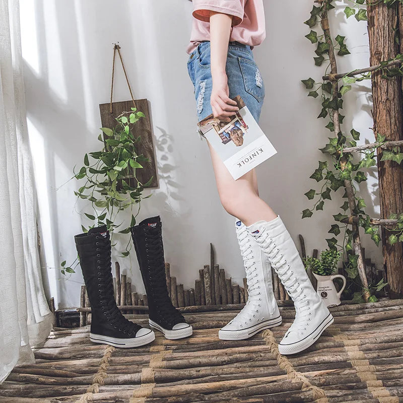 2025 Women's Comfortable Canvas Sneakers High Top White Flats Lace-Up Zipper Long Platform Boots for Summer Spring Trendy