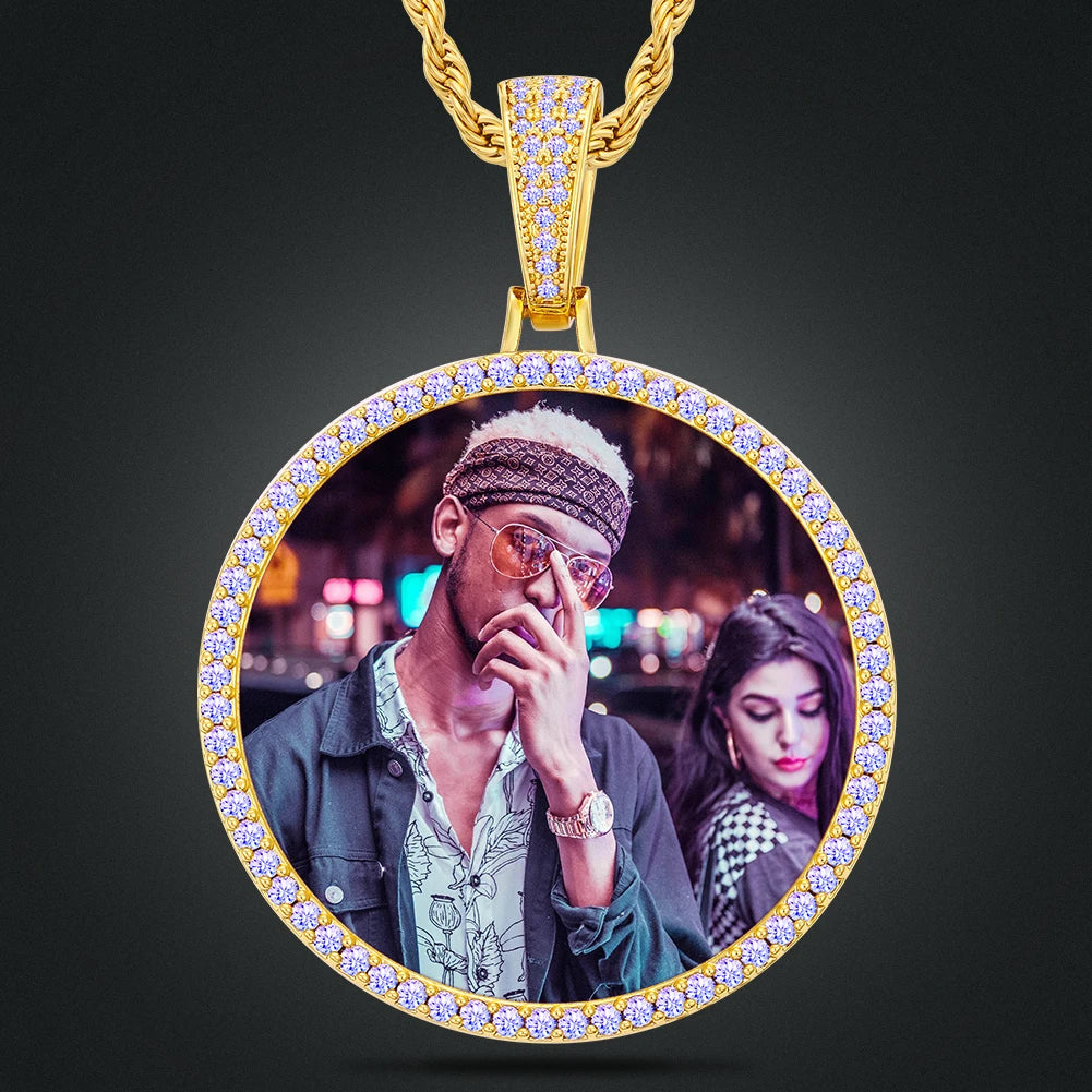 45mm Purple CZ Diamond Custom Personalised Photo Necklaces Mens Hip Hop Sublimation Jewelry Picture Frames Medallion Pendant