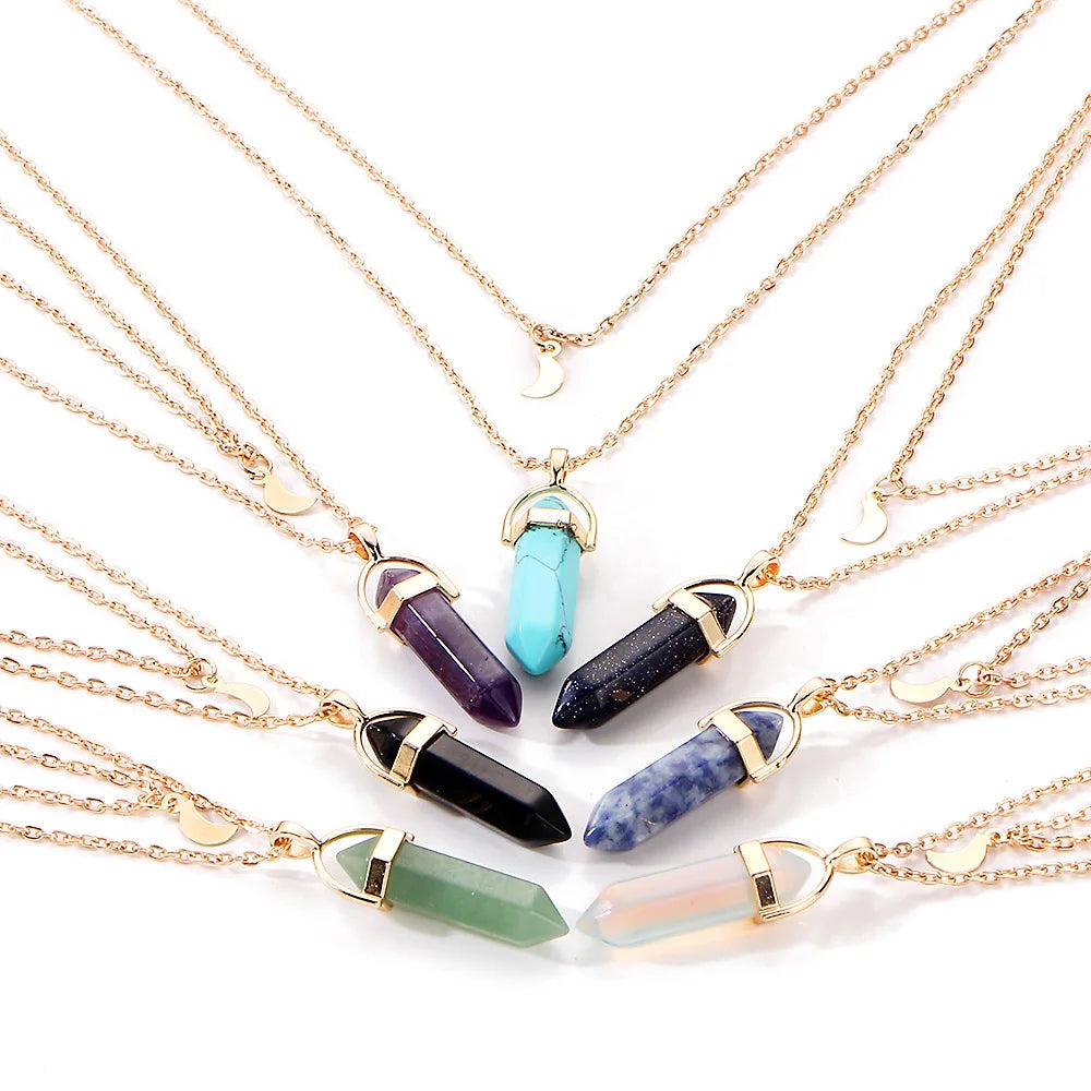 Fashion Bohemia Natural Clear Quartz Moon Choker Necklace Layered Quartz Necklaces Gold Color Crystal Pendant Necklace for Women