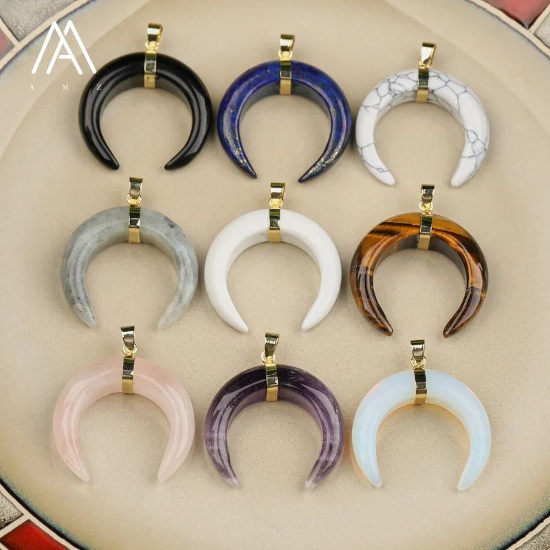 30mm Gemstone Horns Pendant Healing Crystal Gold Plated Charm DIY Jewelry Crafts Necklace for Children Classic