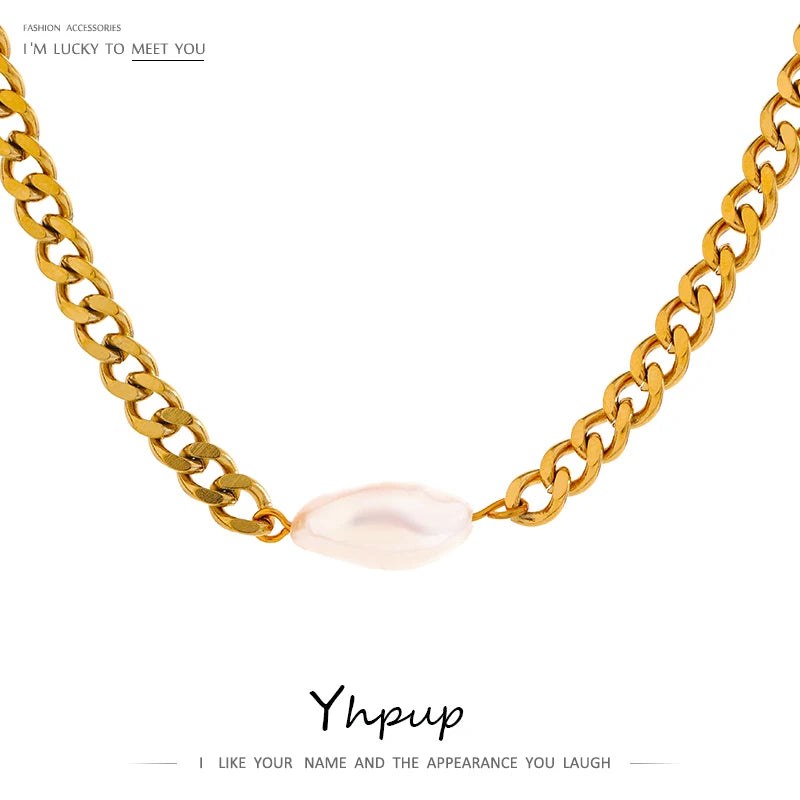 JINYOU 1814 Stainless Steel Natural Pearl Chain Collar Necklace for Women