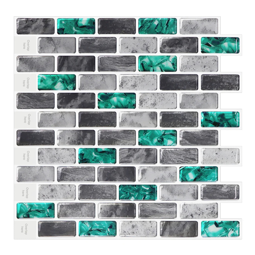 Long Strip with Green Marble Subway Style 12x12 Inch Peel and Stick Vinyl Backsplash Wall Tiles for Home & Office Decor