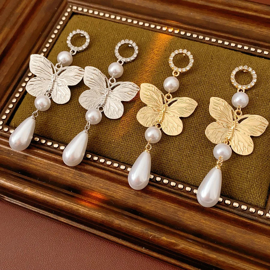 KAIMEI 2025 New Arrival Fashion Jewelry Vintage Luxury Earrings Diamonds Butterfly Water Drop Pearl Long 18k Gold Earrings