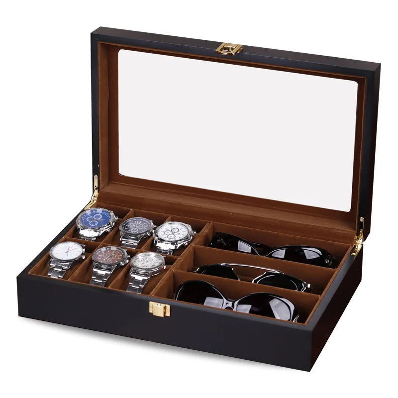 High Grade Wood Lacquered Watch Case Box 3 Eye Glasses & 6 Watches Grid Display for Shop Exhibition & Collector Storage