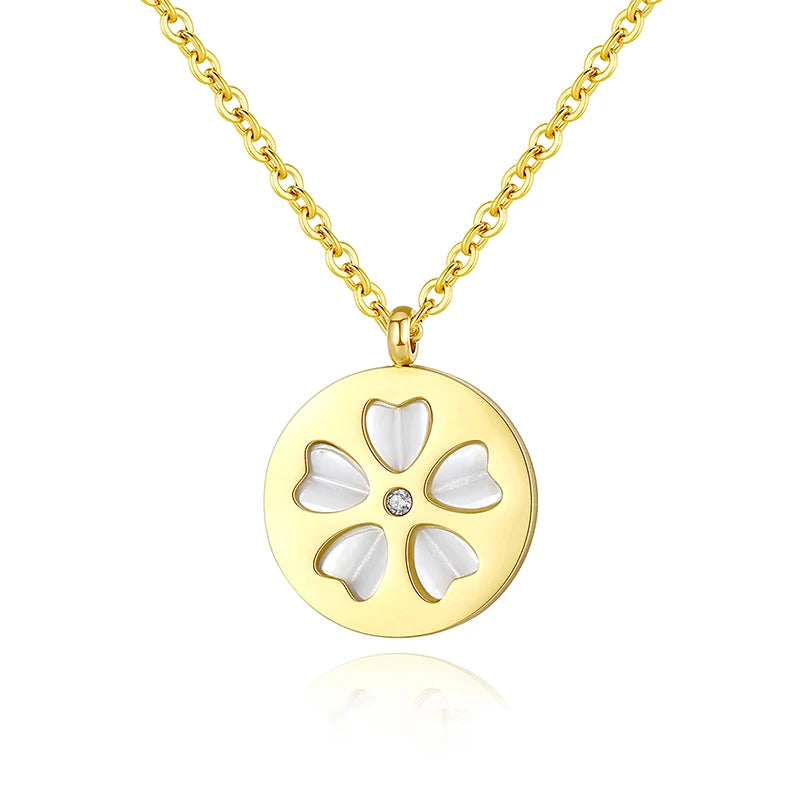 Factory Direct Sale Stainless Steel PVD Gold Plated White Shell Minimalist Disc Pendant Necklace Jewelry for Women