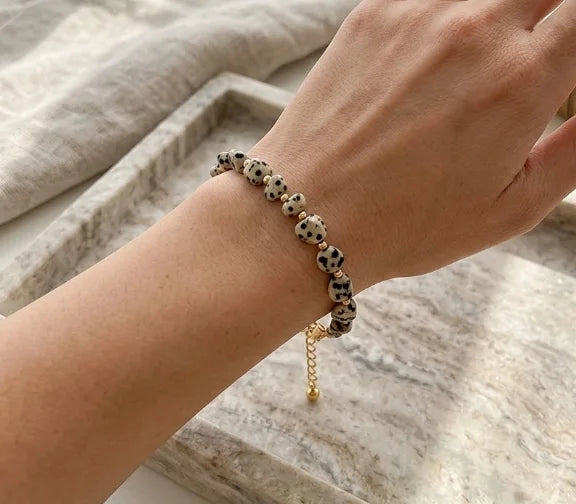 Zooying Natural Gemstone Crystal Leopard Print Spotted Dalmatian Stone Beads Handwork Exquisite Adjustable Charm Bracelet