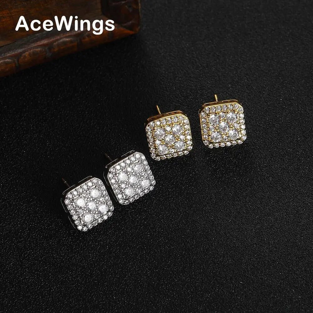 E073 Bling Bling Geometric Square Stud Earrings Gold/ Silver Plated Brass CZ Trendy Fashion Jewelry for Women