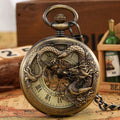Dragon Mechanical Pocket Watch Hollow Steampunk Men's Skeleton Half Hunter Wind up Watch with FOB Chain for Antique Gift