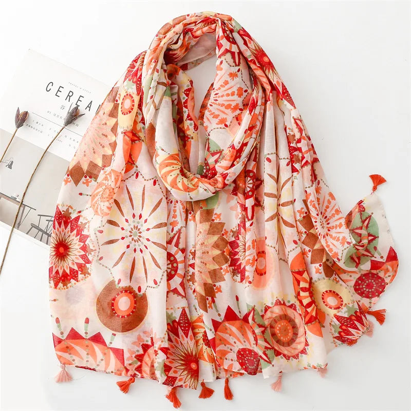 Factory Cheap Fashion Summer Lightweight Fresh Color Printed Shawls for Women Soft Flower Geometry Pattern Tassels Big Scarf