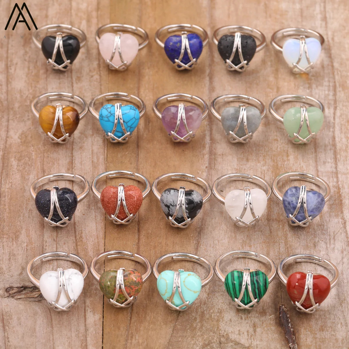 Heart Rings Fashion Jewelry for Women  Wire Wrapped Stone Bead Healing Chakra Silver Ring Adjustable Bands