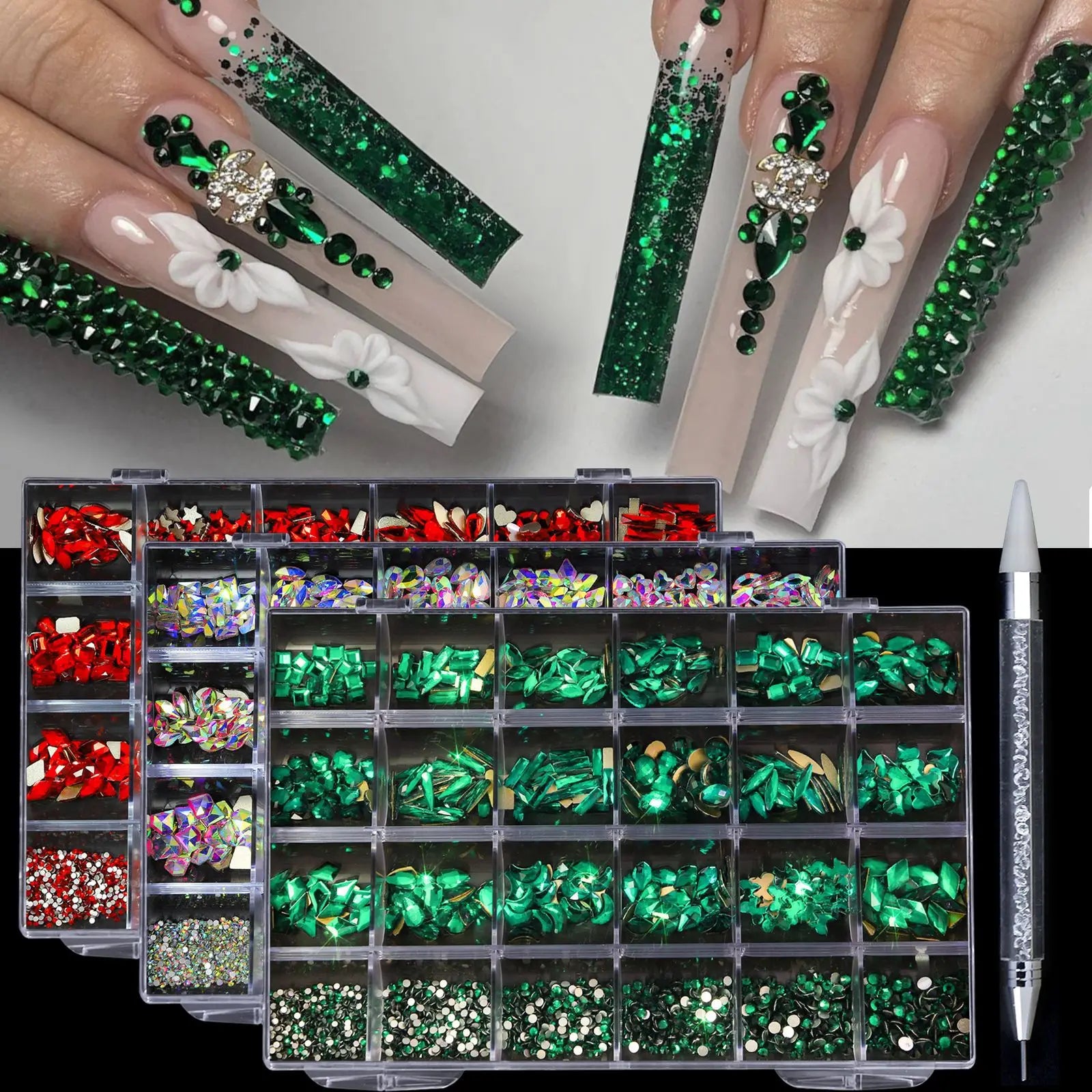 QIAO 24 Grids Nail Art Rhinestones Jewelry Set Multi-shapes Colorful Flatback Nail Charms Diamonds for 3D Nails Accessories
