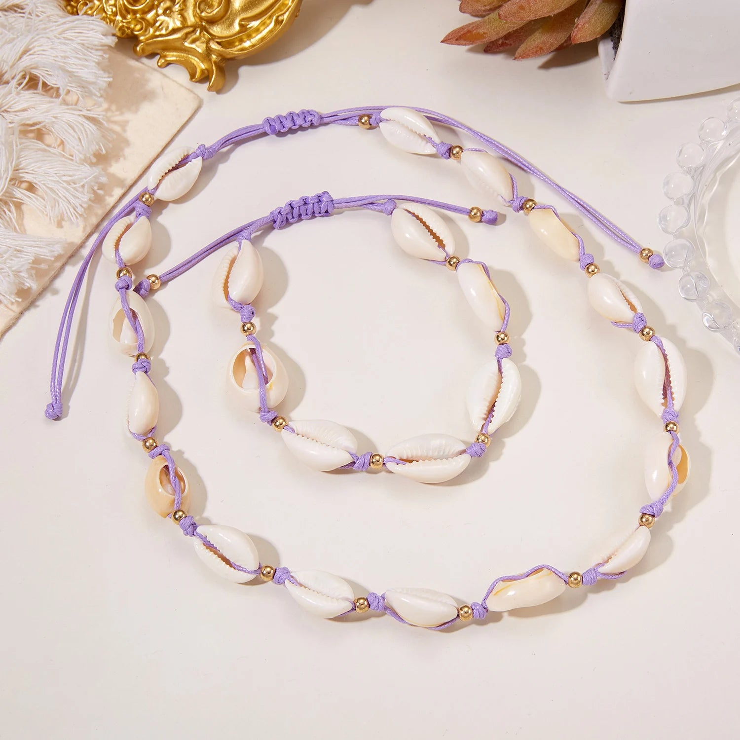 Bohemia Natural White Shell Necklace Bracelet Set for Women Handmade Colored String Summer Beach Shell Choker Bangle Jewelry Set