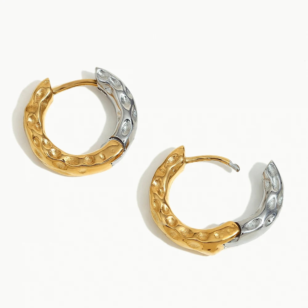 Fashion Waterproof Stainless Steel Two Tone Earring Jewelry 18K Gold Plated Double Color Texture Hoop Earrings for Women YF4008 MegaBDM