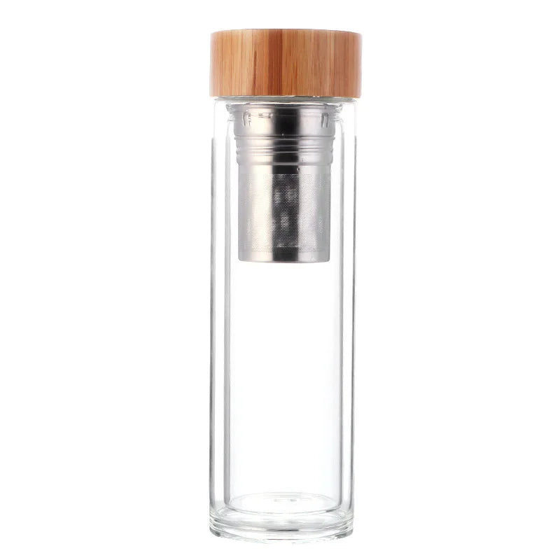 450ml Double Wall Custom logo High Borosilicate Tea Detox Fruit Glass Water Bottle with Handle Lid and Strainer