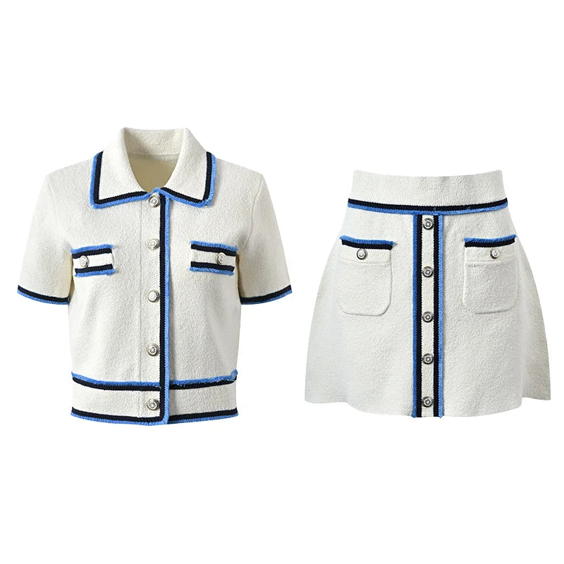 Elegant Summer Single-Breasted Cardigan Mini Skirt Women Set Turn-Down Collar Short Sleeve Button Knee Colorblock Knit for Women