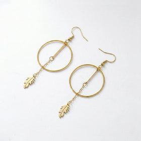 QIAOREN 11853 Elegant Minimalist Circle Bar Drop Earrings Gold Stainless Steel Long Tassel Leaf Jewelry Gift for Women EU US
