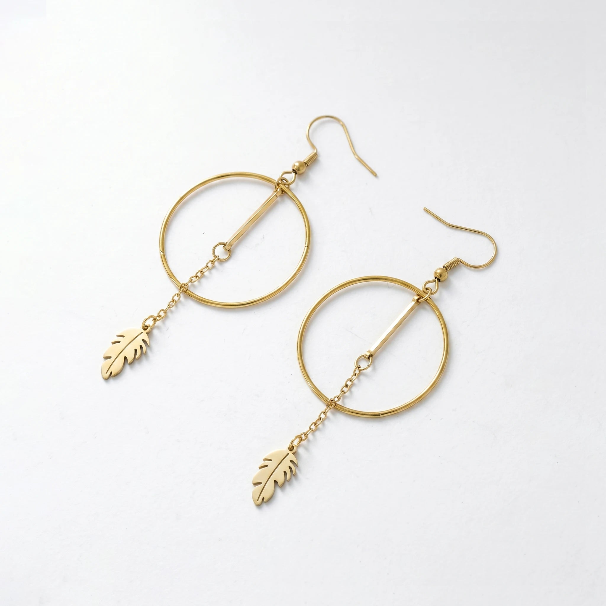 QIAOREN 11853 Elegant Minimalist Circle Bar Drop Earrings Gold Stainless Steel Long Tassel Leaf Jewelry Gift for Women EU US