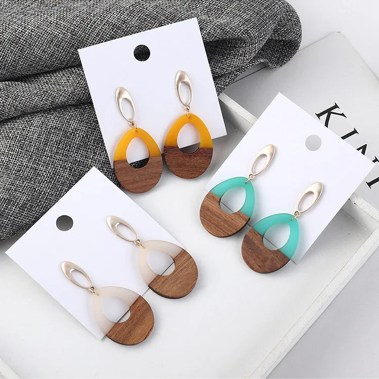 Pure Handmade Retro Splicing Earrings Geometric Color Water Drop Earrings Wooden Earrings for Women