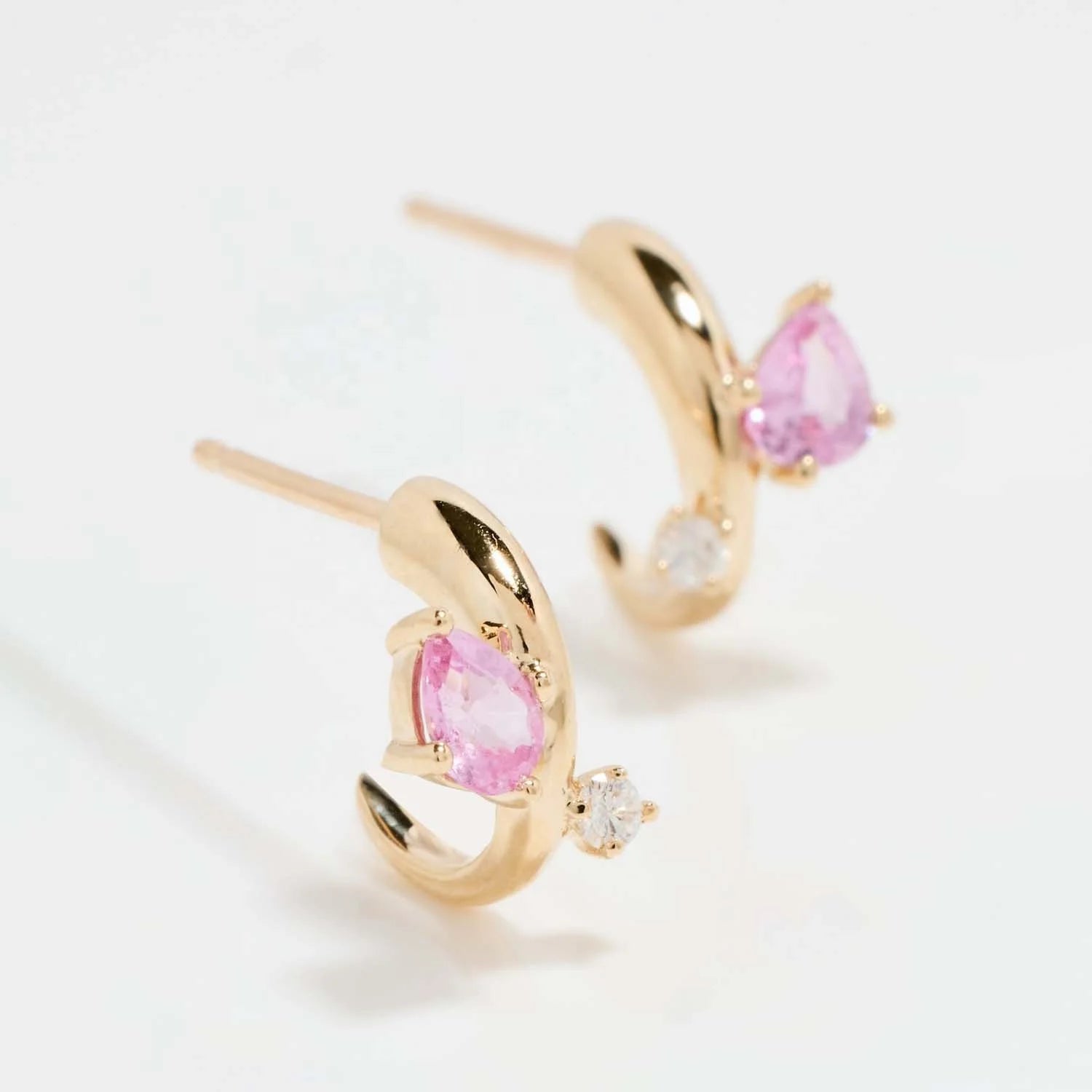 LOZRUNVE Elegant Latest Jewelry 18k Gold Diamond Pink Sapphire J Hoop Earring Women