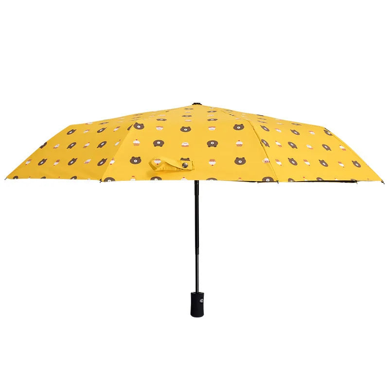 Cute Fully Automatic Black Coating Sunscreen Anti-UV Sun Umbrella Three Folding Cartoon Rain Bear Sunshade Umbrella