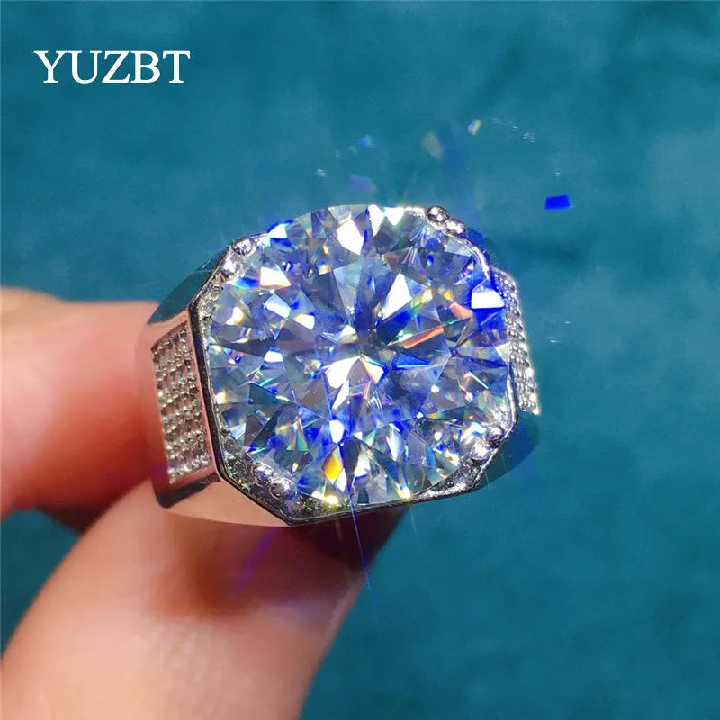 Silver 925 Original 10 Carat 14mm Round Brilliant Cut Diamond Test Past D Color Moissanite Party Ring for Men Gift Fine Jewelry