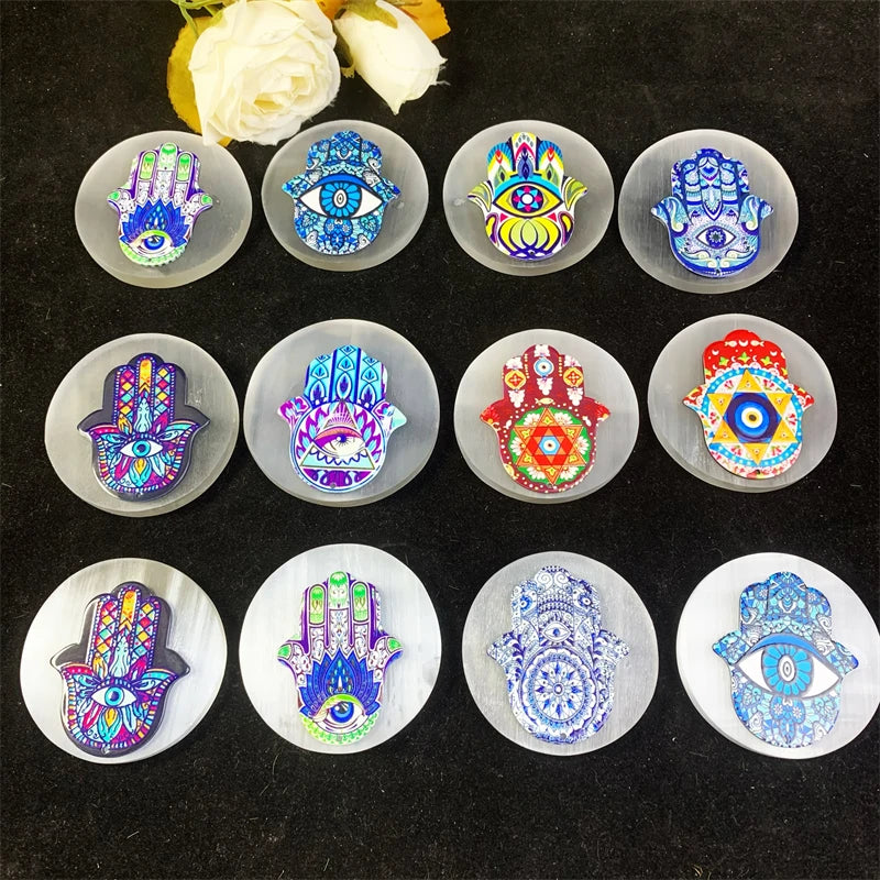 New Design Crystal Healing Stones Selenite Round Slice Seven Chakras Slabs Palm for Gifts