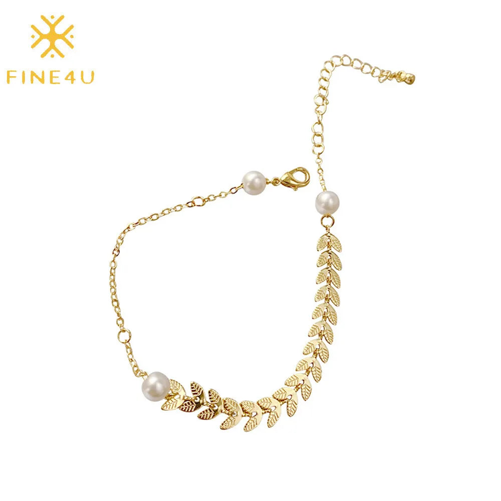 Summer Dainty Girls Friendship Gift Gold Plated Adjustable Jewelry Women Wheat Leaf Pearl Bracelet