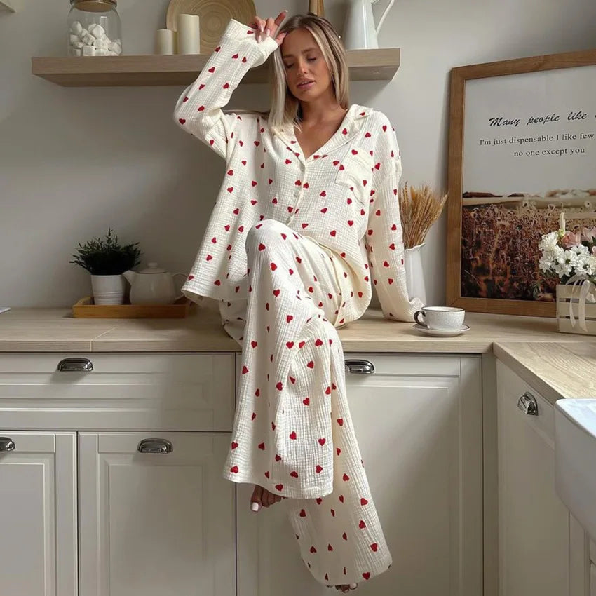 Printed Blouse and Wide Leg Pants Home Loungewear Sets Two Piece Clothing Pyjamas Women's Sleepwear Cotton Pajamas for Women Set